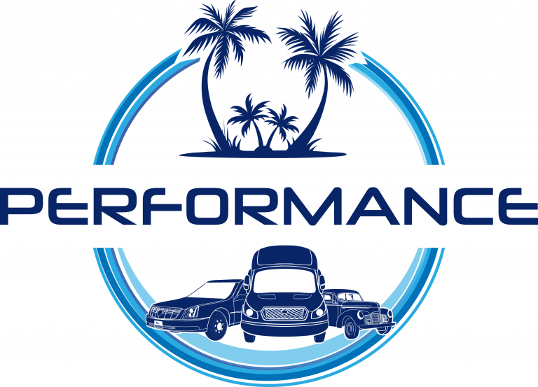 Performance Limo Logo of a bus, limo, and car.